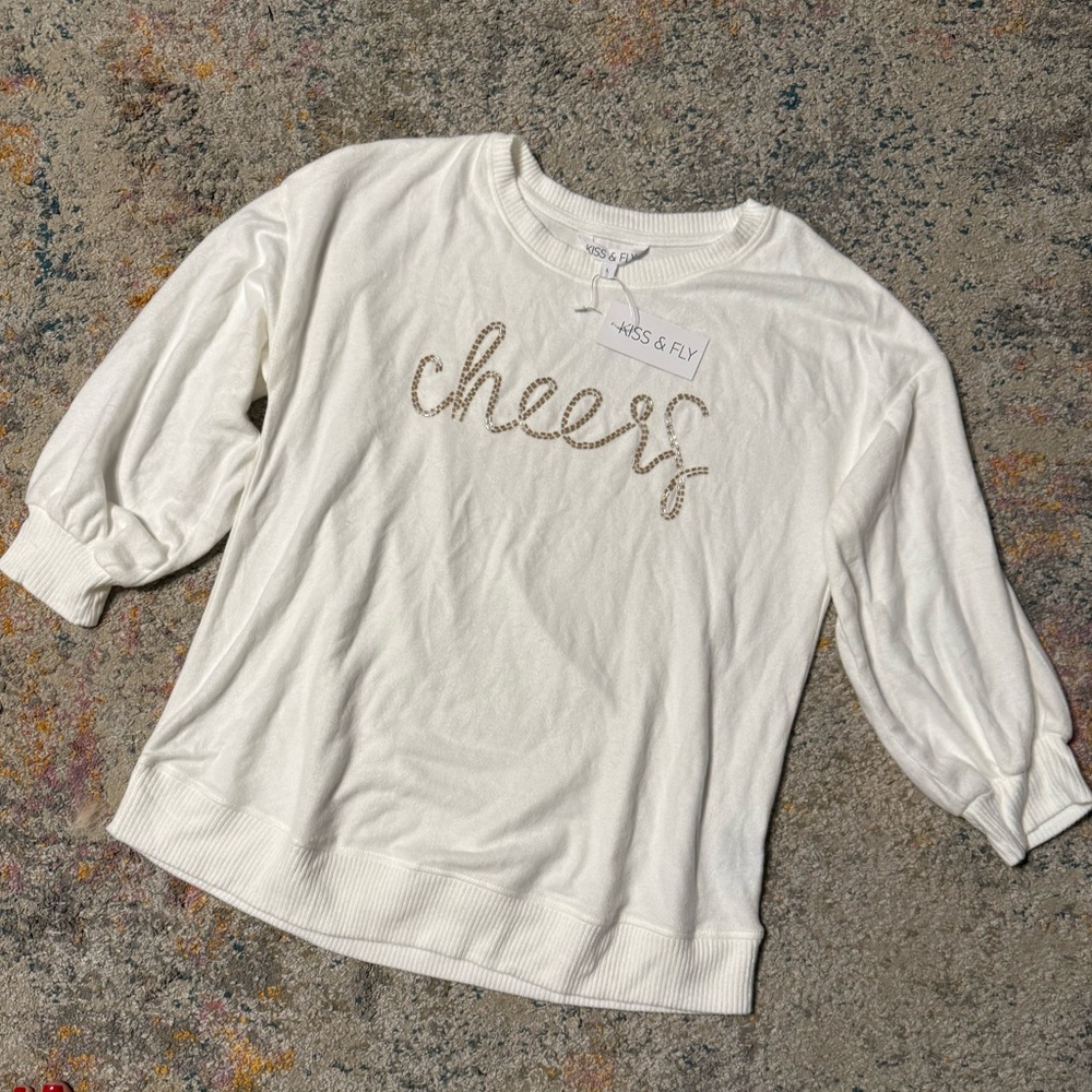Super Soft Christmas “Kiss & Fly” Cream “Cheers”Sweatshirt/Sweater/Pullover L